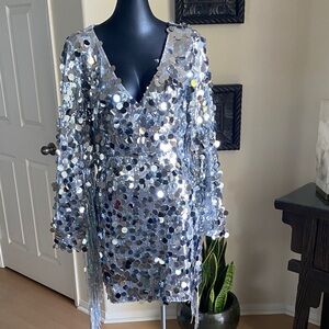 Silver Sequin V-Neck Dress